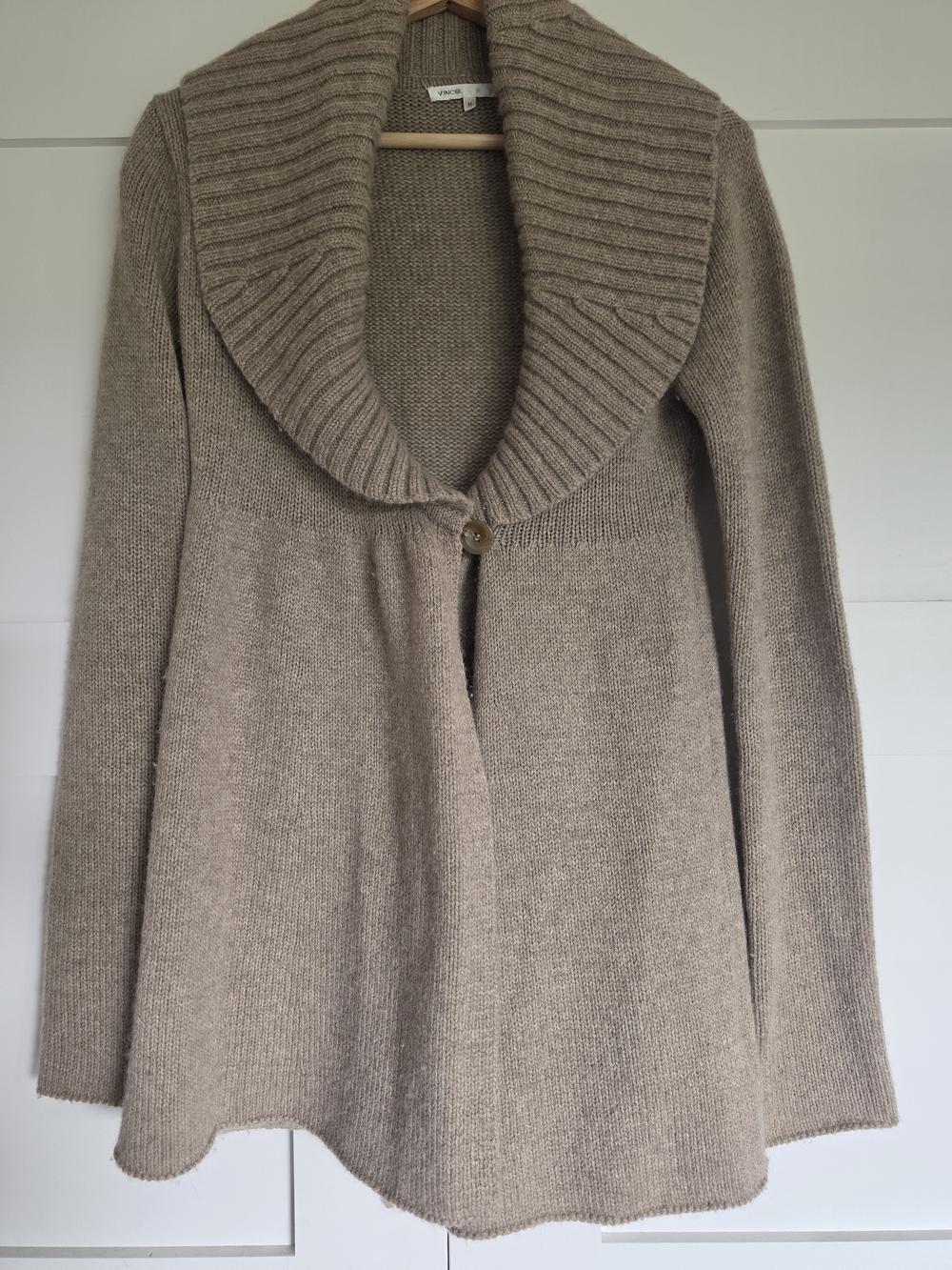 Vince Cashmere Alpaca Taupe Ribbed Shawl-Collar Cardigan